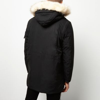 Black faux fur trim hooded parka
